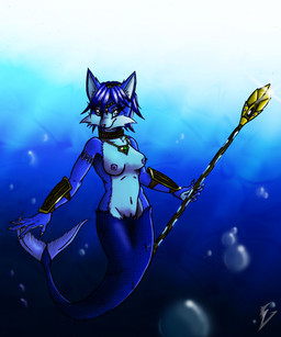 accessory anthro armor blue_body blue_fur blue_hair bracers breasts choker female fur hair hair_accessory jewelry markings multicolored_body multicolored_fur navel necklace nipples solo split_form staff two_tone_body two_tone_fur underwater water white_body white_fur viroveteruscy nintendo star_fox krystal_(star_fox) aquatic canid canine fox mammal merfolk 2013