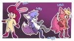 anthro border chibi female femboy group looking_at_viewer male outline shocked standing white_border neonlink levi_(neonlink) lola_(neonlink) lyla_(neonlink) canid canine canis domestic_dog fox lagomorph leporid mammal rabbit colorful_theme hi_res