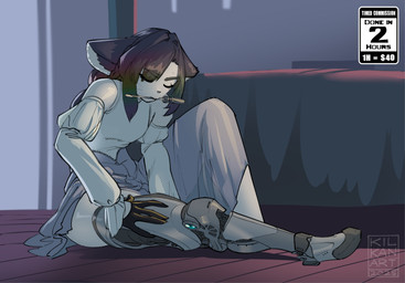 anthro bangs bedroom bent_leg braided_hair breasts clothing dress female hair inside long_hair robotic_leg sitting sitting_on_ground small_breasts solo text kilkan felid feline mammal absurd_res english_text hi_res