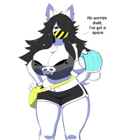 anthro big_breasts black_bra black_clothing black_hair black_underwear blue_eyes bottomwear bra bra_peek breasts chest_tuft cleavage clothed clothing dialogue dolphin_shorts ear_piercing ear_ring fanny_pack female hair holding_object huge_breasts inner_ear_fluff long_hair looking_at_viewer mask piercing ring_piercing shirt shorts simple_background solo talking_to_viewer text topwear tuft underwear white_background theycallhimcake maggie_applebee canid canine canis domestic_dog mammal 2020 english_text hi_res