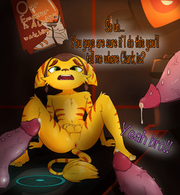 alley anthro anus bodily_fluids cornered dripping fur genital_fluids genitals green_eyes group imminent_sex looming male male/male penis precum precum_drip scared spiked_penis spikes spikes_(anatomy) striped_body striped_fur stripes tail text trash_can phuwafu ratchet_and_clank sony_corporation sony_interactive_entertainment ratchet_(ratchet_and_clank) lombax mammal scalie thugs-4-less absurd_res hi_res