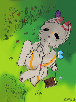 ambiguous_gender anthro book flower fur grass grey_body grey_fur grey_tail lawn lying male markings orange_markings pawpads plant red_markings sleeping tail yellow_pawpads hfxp hfxp_(character) avian bird canid canine fox mammal 3:4 hi_res