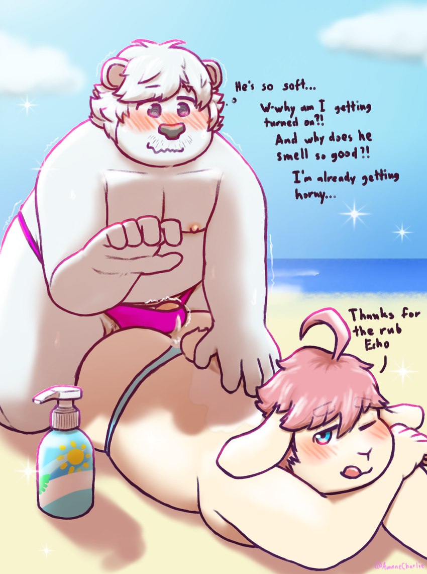 ahoge anthro aroused beach bikini_thong blep blush bodily_fluids bulge butt clothing cloud dialogue duo fur genital_fluids hair hot_dogging leaking_precum lotion lotion_bottle male male/male nipples obese obese_anthro obese_male overweight overweight_anthro overweight_male pink_hair precum rubbing sea sex spiral_eyes swimwear text thong tight_clothing tongue tongue_out underwear water white_body white_fur white_hair amanekiryuu echo_(calahootheyeen) joshie_(calahootheyeen) bear lagomorph leporid mammal polar_bear rabbit ursine english_text hi_res