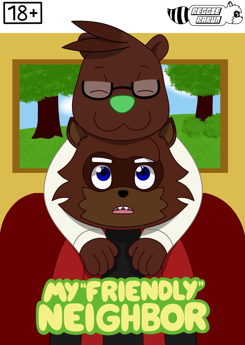 anthro behind_another duo eyewear glasses green_nose male photo plant tree reggie_rakun james_otis_smith reggie_rakun_(character) mammal mustelid otter procyonid raccoon 2024 absurd_res cel_shading comic cover cover_art cover_page hi_res shaded