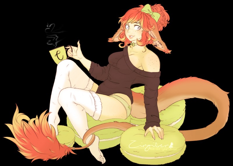 accessory beverage bow_ribbon breasts clothing container cookie cup female food hair hair_accessory hair_bow hair_ribbon legwear macaroon morning plushie ribbons sitting smile solo stockings sweater tea topwear avoid_posting zingiber domestic_cat felid feline felis humanoid mammal hi_res sketch