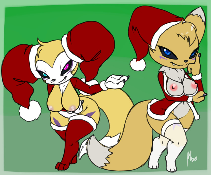 3_fingers 3_toes anthro areola bent_over big_breasts black_sclera blue_eyes bottomless bottomless_female breasts chest_tuft christmas_clothing christmas_headwear claws clothed clothing countershade_face countershade_torso countershading crossed_legs cute_fangs dipstick_ears dipstick_tail duo ear_markings exposed_breasts fangs feet female finger_claws fingers front_view fur gesture hair hat head_tuft headgear headwear heterochromia holidays huge_breasts legwear looking_at_viewer markings midriff multicolored_body multicolored_ears multicolored_fur multicolored_tail narrowed_eyes navel nipples nude partially_clothed presenting purple_eyes santa_hat short_stack simple_background smile snaggle_tooth standing stockings tail tail_markings tan_body tan_fur teeth thick_thighs thigh_highs toes tuft two_tone_body two_tone_fur white_body white_fur wide_hips yellow_body yellow_fur furball bandai_namco christmas digimon fakemon fan_character renimpmon renimpmon_x yakizu_asaki canid canine digimon_(species) hybrid impmon mammal renamon 6:5 digital_media_(artwork)