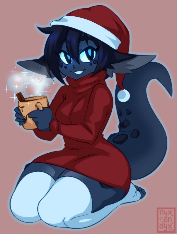 anthro beverage breasts christmas_clothing christmas_headwear clothing container cup dark_body dark_skin female hat headgear headwear holidays kneeling legwear looking_at_viewer santa_hat small_breasts smile solo sweater tail thick_thighs thigh_highs toeless_legwear topwear turtleneck wide_hips nyxondyx christmas mythology smolder animal_humanoid dragon dragon_humanoid humanoid mythological_creature mythological_scalie scalie hi_res