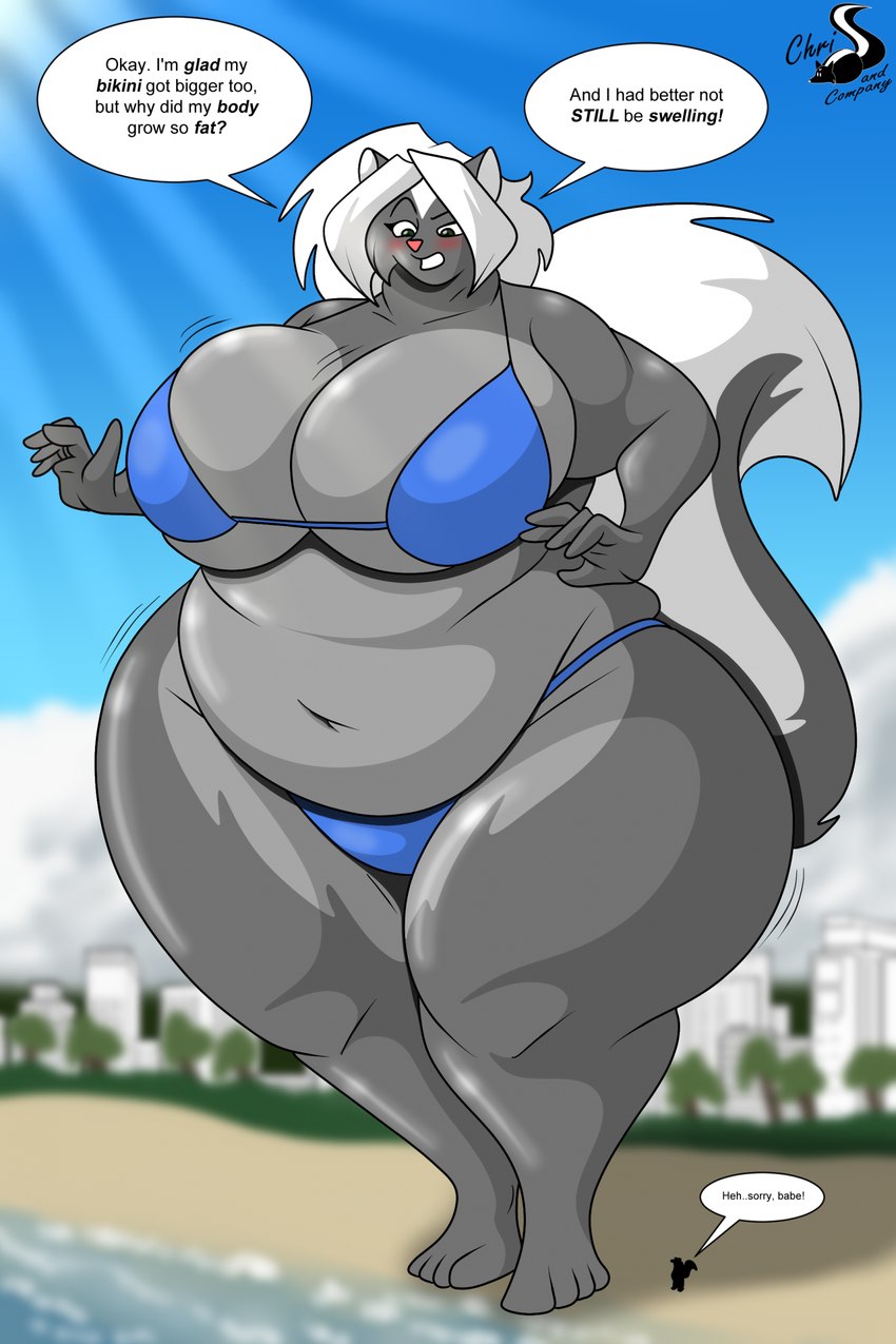 anthro apology barefoot beach big_breasts big_tail bikini blue_bikini blue_clothing blue_swimwear blush body_size_growth bold_text breast_expansion breasts city city_background clothing cloud collarbone dialogue duo expansion eyelashes facial_markings feet female flustered forehead_markings fur green_eyes grey_body grey_fur grimace hair head_markings huge_breasts lens_flare looking_at_self looking_down_at_self macro macro_anthro macro_female male male/female markings motion_lines navel overweight overweight_anthro overweight_female palm_tree plant seaside shadow silhouette size_difference size_transformation sky speech_bubble swimwear tail text thick_neck thick_thighs transformation tree two-piece_swimsuit water weight_gain white_hair wide_hips chrisandcompany chris_t._snuggleskunk kelsey_sienna mammal mephitid skunk 2024 digital_drawing_(artwork) digital_media_(artwork) english_text hi_res watermark