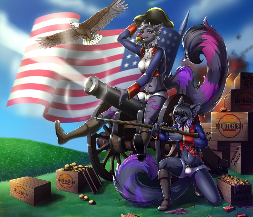 american_flag anthro bacon bodyguard bottomwear burger cannon clothing duo eating eating_food female femboy firing_weapon flying food freedom fries gun holidays male male/female meat musket patriotism politics prosthetic ranged_weapon revolution revolutionary_war shooting shorts united_states_of_america weapon anonymous_artist 4th_of_july pelusa suerte accipitrid accipitriform arctic_wolf avian bald_eagle bird canid canine canis deity domestic_cat eagle felid feline felis mammal sea_eagle wolf absurd_res hi_res huge_filesize