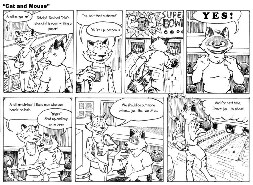 alcohol anthro beer beverage bottomwear bowling clothed clothing dialogue duo giggle holding_glass holding_object male muscular one_eye_closed pants shirt shorts skinny tank_top text topwear wink leafdog closet_coon aiden_harris duma_matambo cheetah felid feline mammal procyonid raccoon 2004 comic english_text monochrome