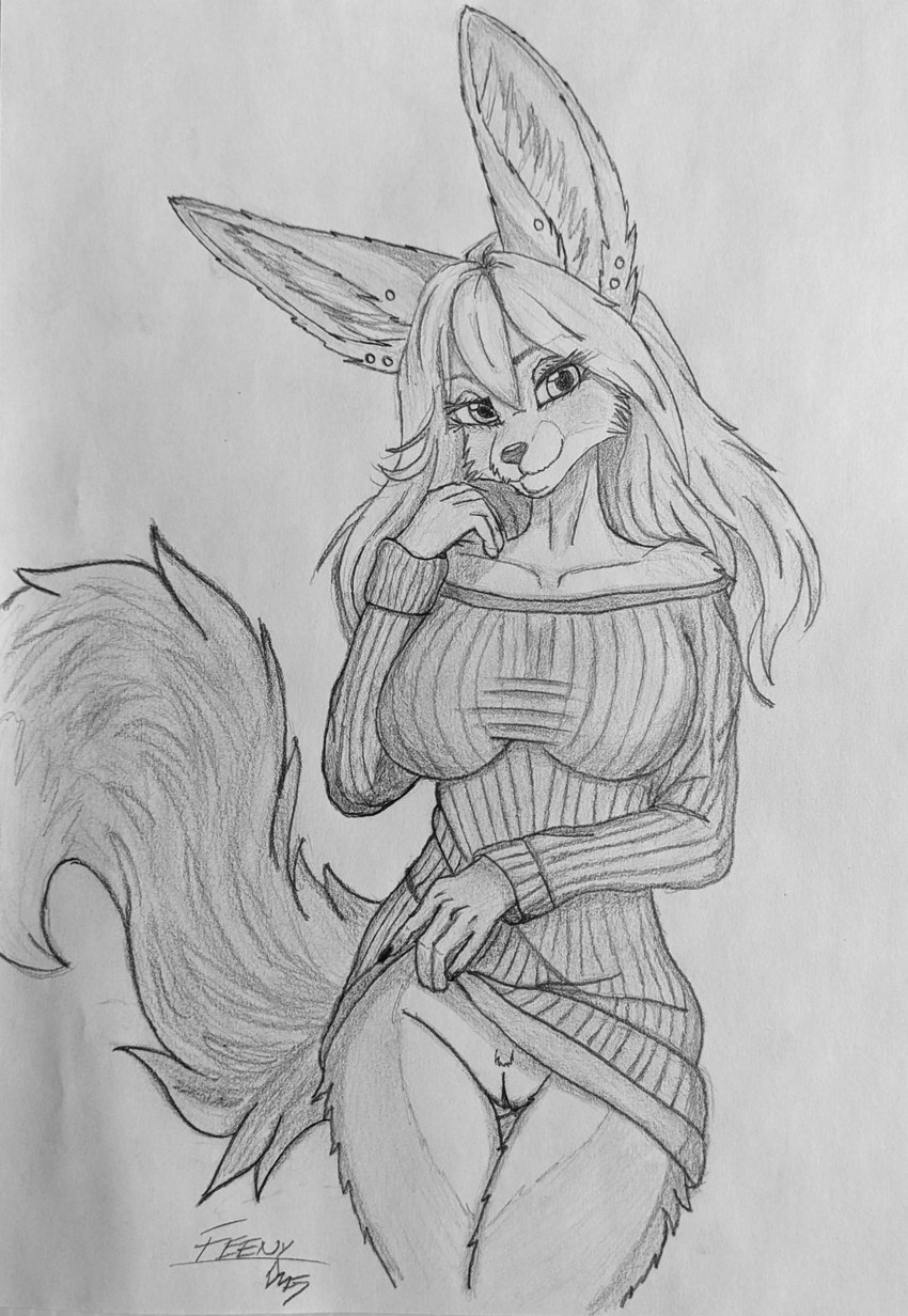 anthro big_tail bottomless clothed clothing ear_piercing ear_stud female fluffy genitals good_girl long_ears looking_at_viewer peek piercing pussy solo stud_piercing sweater sweater_dress tail teasing topwear omgawd feeny feeny_(omgawd) canid canine fennec_fox fox mammal true_fox graphite_(artwork) hi_res monochrome pencil_(artwork) portrait three-quarter_portrait traditional_media_(artwork)