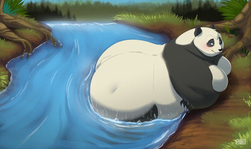 animal_skin anthro blush breasts claws female forest nude outside overweight overweight_anthro overweight_female plant river semi-anthro solo tree water gillpanda gillpanda_(character) bear giant_panda mammal 2014