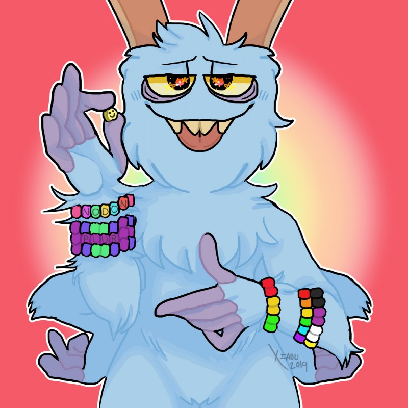 4_arms 5_fingers ambiguous_gender beaded_jewelry beads bedroom_eyes biped black_eyes blep blue_body blue_fur bracelet brown_horn brown_teeth candy candy_bracelet dessert fangs fingerless_(marking) fingers food front_view fur fur_tuft grey_body half-closed_eyes hands_on_hips holding_object horn humanoid_hands jewelry kandi_(jewelry) lgbt_pride light looking_at_viewer multi_arm multi_limb multicolored_body multicolored_bracelet narrowed_eyes nonbinary_pride_colors noseless not_furry nude orange_pupils outline pink_background pride_colors pupils rainbow_bracelet rainbow_pride_colors rainbow_symbol red_tongue seductive shadow simple_background six-stripe_rainbow_pride_colors smiley_face solo standing starry_eyes teeth text tongue tongue_out tuft two_tone_body yellow_sclera xiaoupaws big_blue_bubble my_singing_monsters bowgart common_bowgart horned_humanoid humanoid 1:1 2019 digital_drawing_(artwork) digital_media_(artwork) english_text half-length_portrait hi_res lighting portrait