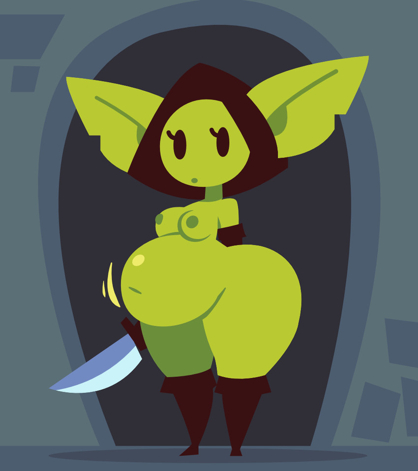 belly blue_background boots breasts clothing female footwear gloves green_body green_skin handwear inside overweight shoes simple_background solo thick_thighs smuggoblin goblin 2026