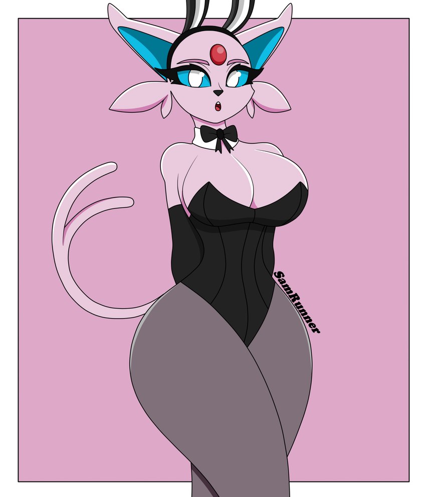 anthro big_breasts bow_(feature) bow_in_front bow_tie breasts bunny_costume clothing costume female legwear looking_at_viewer solo thick_thighs thigh_highs samrunner nintendo pokemon eeveelution espeon generation_2_pokemon pokemon_(species) hi_res