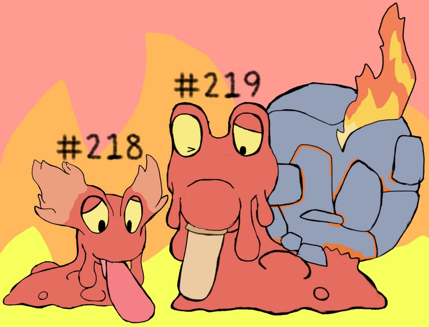 ambiguous_gender feral fire genitals group hashtag id_number lava male oral penis sex tapering_penis secretsableye nintendo pokemon elemental_creature generation_2_pokemon lava_creature magcargo mineral_fauna pokemon_(species) slugma digital_media_(artwork) hi_res