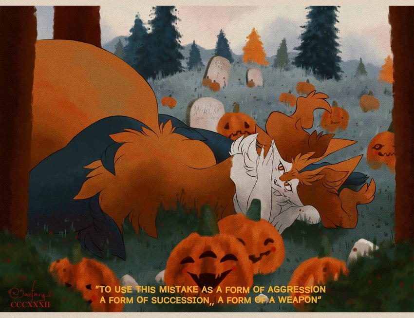 ambiguous_gender anthro big_butt blush butt grass inner_ear_fluff jack-o'-lantern plant red_eyes solo tail text tombstone tree tuft sarifairy nintendo pokemon braixen generation_6_pokemon pokemon_(species) absurd_res english_text hi_res