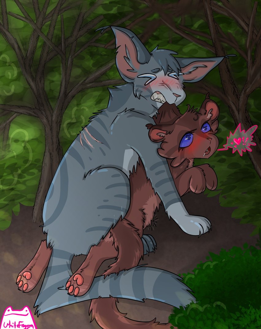 abdominal_bulge bite blue_eyes blush blush_lines bodily_fluids cheek_tuft claws disability drooling duo ear_tuft facial_tuft female feral feral_on_feral from_behind_position fur grey_body grey_claws grey_fur heart_eyes heart_pupils heart_symbol inner_ear_fluff male male/female moss outside paralyzed pawpads penetration plant red_body red_fur saliva scar scruff_bite sex shrub striped_body stripes tuft whitefroggim warriors_(book_series) briarlight_(warriors) jayfeather_(warriors) domestic_cat felid feline felis mammal tabby_cat artist_name hi_res