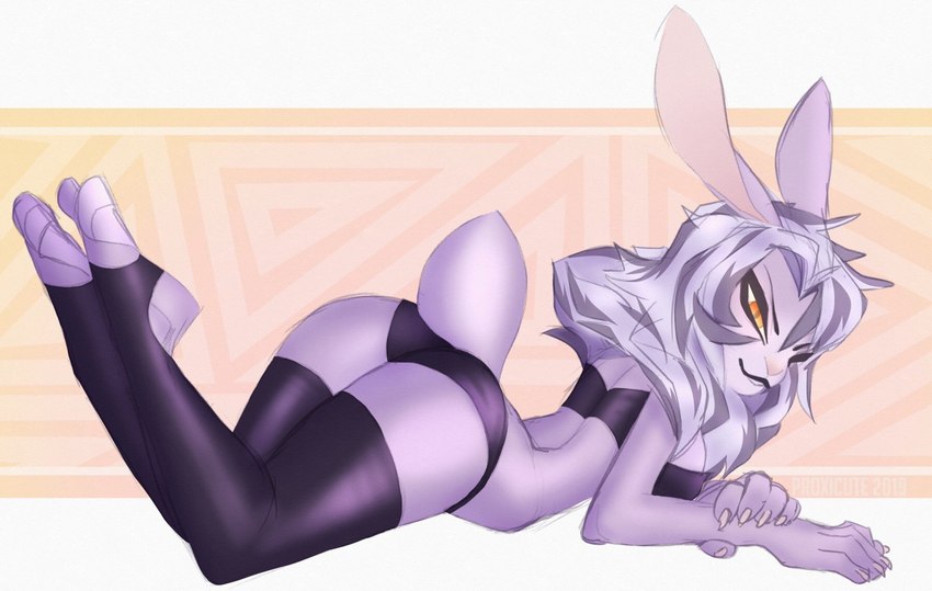 abstract_background anthro bra butt clothing female fur hair legwear looking_at_viewer lying_on_ground on_ground purple_body purple_fur raised_tail small_waist smile solo strapless_bra strapless_clothing strapless_underwear tail thigh_highs underwear white_hair proxicute royce_(proxicute) lagomorph leporid mammal rabbit hi_res