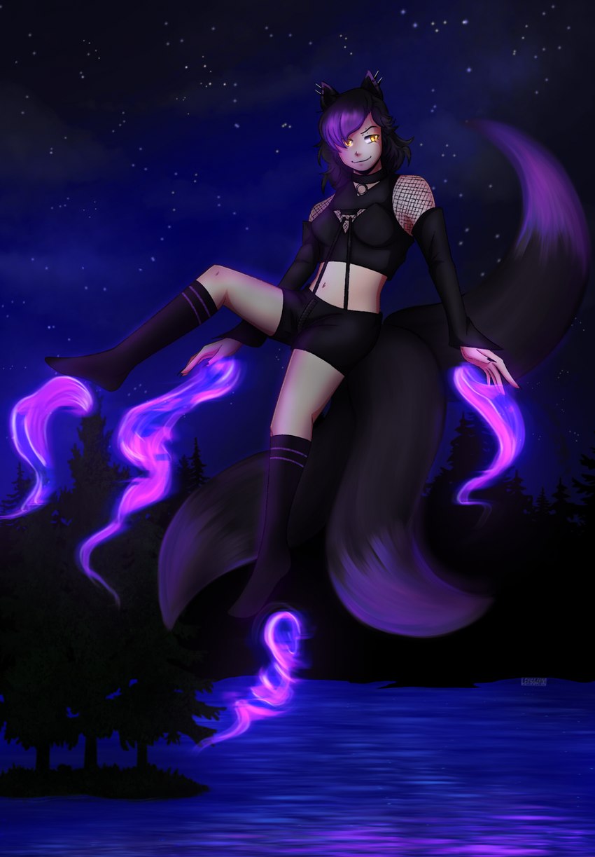 bottomwear breasts clothing female fishnet_clothing hotpants lake levitating magic magic_user multi_tail navel night plant short_top shorts sky smile solo spread_legs spreading star starry_sky tail tree water justinnator4 canid canine fox humanoid mammal hi_res