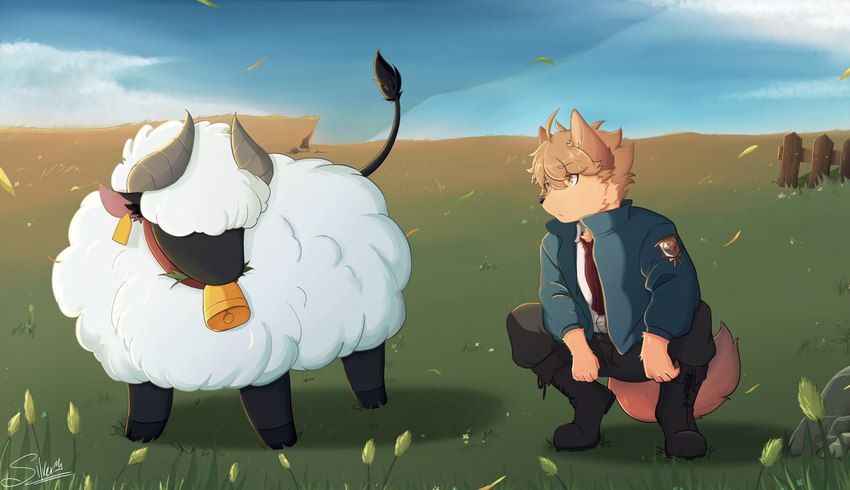 anthro bell bell_collar biped blonde_hair blue_clothing blue_jacket blue_topwear boots bottomwear canine_tail clothed clothed_anthro clothed_male clothing cloud collar covered_eyes crouching detailed_background duo ear_piercing ear_tag eating_grass fence feral fluffy fluffy_tail footwear fur grass grass_field grass_plain grassland hair horn jacket leaf looking_at_another male male_anthro nature necktie on_grass outside pants piercing plains plant quadruped rock shoes tail tan_body tan_fur text topwear uniform white_body white_dress_shirt white_fur white_wool wind wood wood_fence wool_(fur) yellow_eyes young young_anthro young_male mannesylvain cyberconnect2 fuga:_melodies_of_steel little_tail_bronx malt_marzipan bovid canid canine caninu canis caprine domestic_dog german_shepherd herding_dog mammal pastoral_dog sheep absurd_res artist_name digital_media_(artwork) hi_res signature