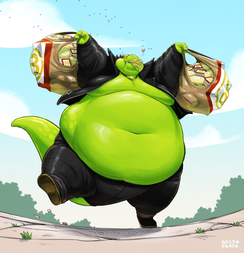 anthro belly belly_rolls big_belly chubby_cheeks claws clothed clothing double_chin eyes_closed eyewear fast_food fat_rolls food food_in_mouth fries furgonomics glasses green_body green_scales grin heart_symbol holding_bag holding_object jacket leather leather_clothing leather_jacket leather_topwear male medallion moobs navel obese obese_anthro obese_male open_clothing open_jacket open_topwear outside overweight overweight_anthro overweight_male plastic_bag scales smile solo tail tail_clothing teeth thick_thighs topwear walking gillpanda allosaurid allosaurus dinosaur prehistoric_species reptile scalie theropod hi_res