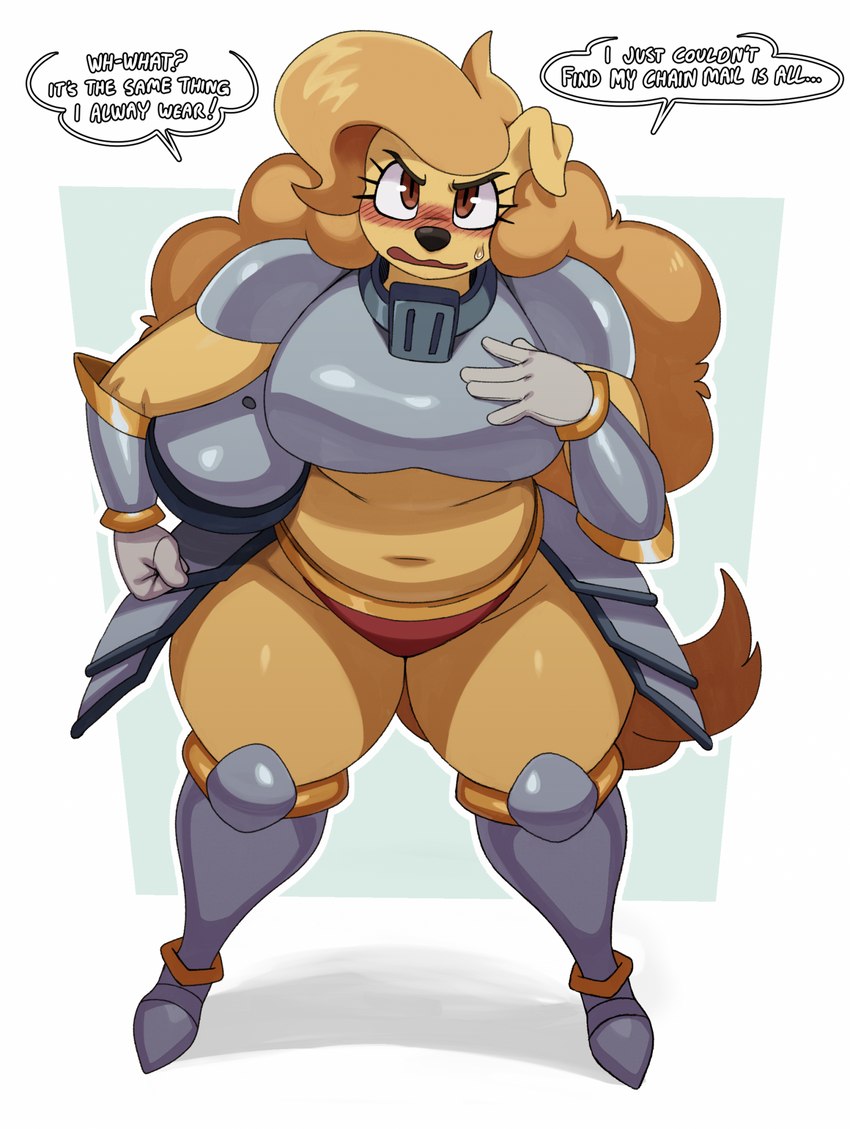 5_fingers angry anthro armor big_breasts blush boob_armor breasts clothing dialogue eyelashes female fingers hair long_hair panties red_clothing red_panties red_underwear solo speech_bubble tail text thick_thighs underwear sssonic2 amelia_steelheart canid canine canis domestic_dog mammal 2023 english_text hi_res