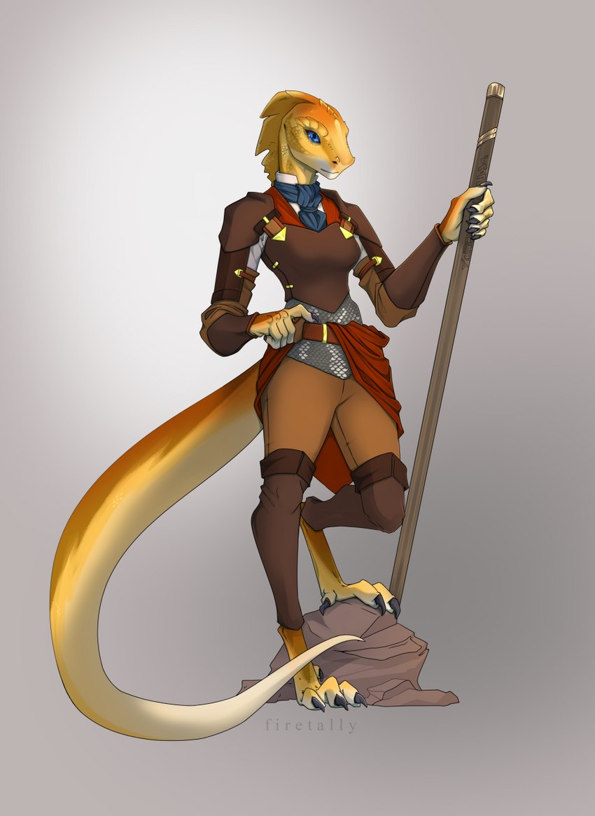 3_toes 5_fingers anthro armor belt blue_eyes bottomwear breasts clothed clothing cravat feet female fingers holding_object leather leather_armor looking_forward non-mammal_breasts pants scale_armor scales simple_background solo staff standing toes yellow_body yellow_scales firetally lizard reptile scalie 2022 digital_media_(artwork) hi_res