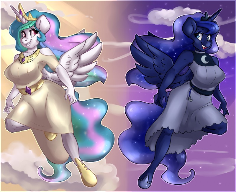 anthro breasts clothed clothing cloud dress duo female fully_clothed horn sky wings annakitsun3 pon3splash friendship_is_magic hasbro my_little_pony mythology princess_celestia_(mlp) princess_luna_(mlp) equid equine mammal mythological_creature mythological_equine winged_unicorn absurd_res hi_res