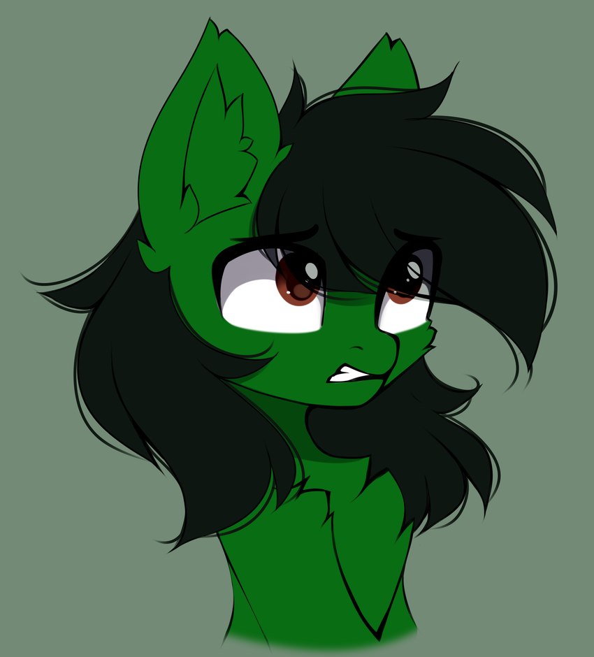 ambiguous_gender black_hair brown_eyes feral fur green_background green_body green_fur green_inner_ear_fluff hair inner_ear_fluff quadruped simple_background solo teeth tuft airiniblock hasbro my_little_pony fan_character kendall_wilson_(oc) equid equine horse mammal pony 2021 absurd_res green_theme half-length_portrait hi_res portrait