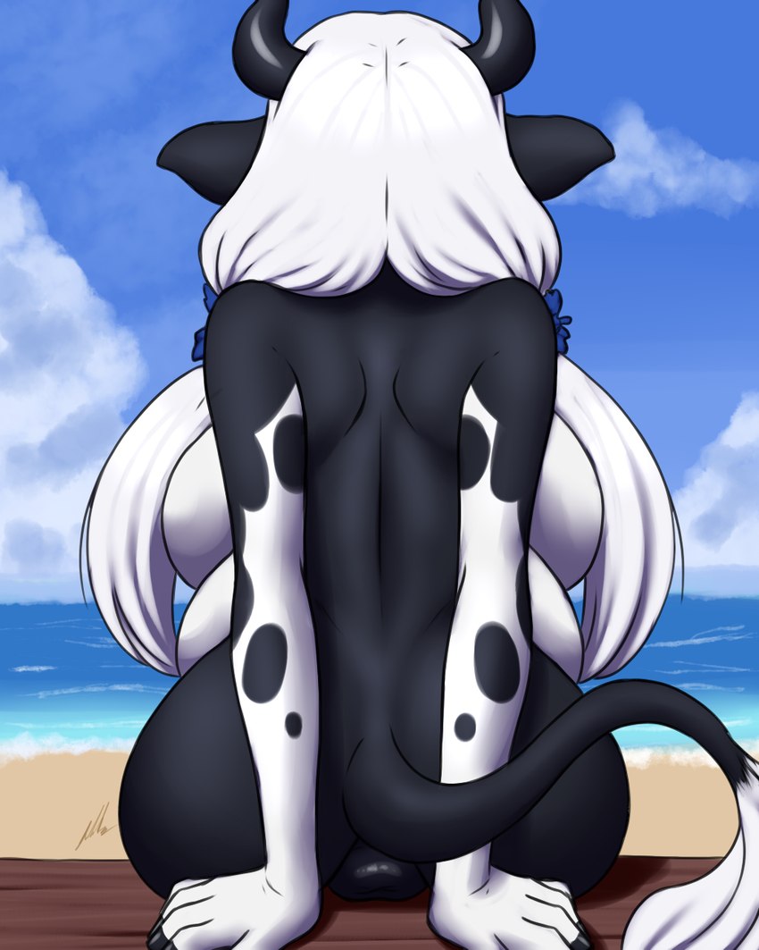 4_breasts animal_print anthro anus back_boob big_breasts black_body black_fur breasts cow_print female fur multi_breast puffy_anus raised_tail rear_view side_boob solo tail twintails_(hairstyle) white_body white_fur furball moette bovid bovine cattle mammal 2022 4:5 hi_res