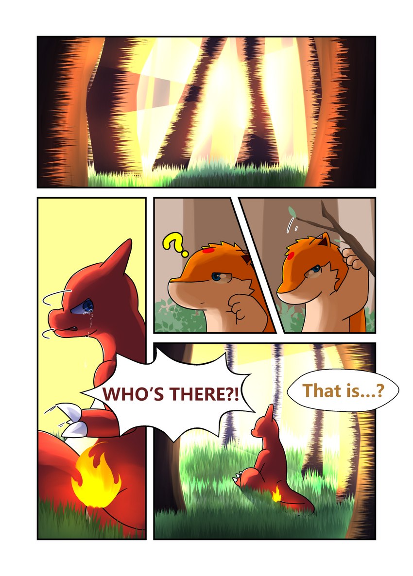 bodily_fluids crying fire forest plant speech_bubble tears text tree darrow0 nintendo pokemon yuel charmeleon generation_1_pokemon generation_2_pokemon pokemon_(species) quilava comic english_text hi_res