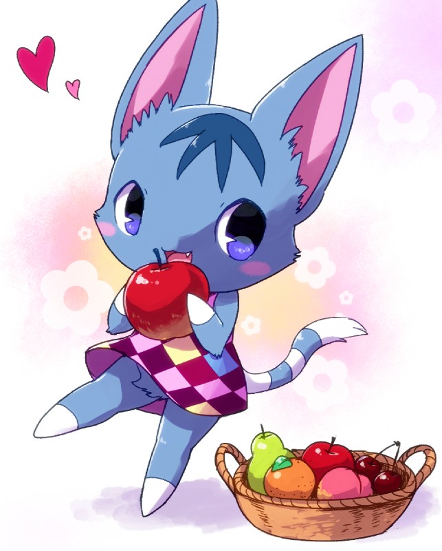 apple basket blue_eyes blush cherry clothing container cute_fangs dress fangs featureless_feet featureless_hands feet female food fruit fur happy heart_symbol open_mouth orange_(fruit) peach_(fruit) pear plant simple_background smile solo standing teeth white_background kemoribbon animal_crossing nintendo rosie_(animal_crossing) domestic_cat felid feline felis mammal full-length_portrait portrait