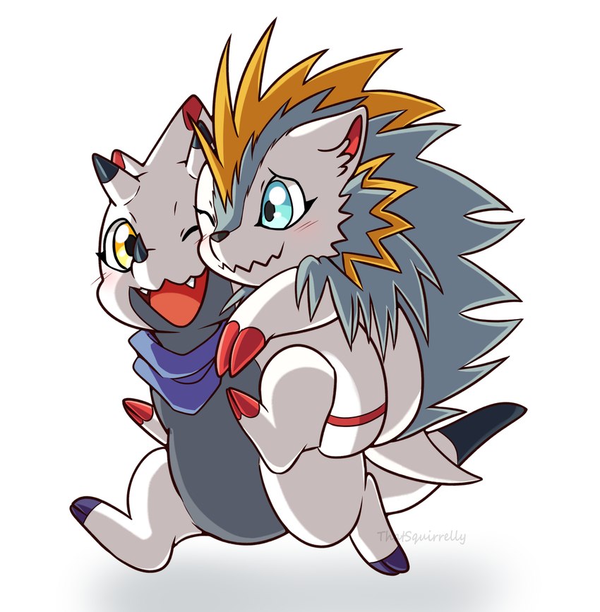 anthro blue_eyes blush carrying_another claws duo horn kerchief male male/male neckerchief neckwear one_eye_closed piggyback quills_(anatomy) smile wink yellow_eyes thatsquirrelly bandai_namco digimon digimon_ghost_game ceratopsian digimon_(species) dinosaur eulipotyphlan gammamon herissmon mammal ornithischian prehistoric_species reptile scalie triceratops hi_res