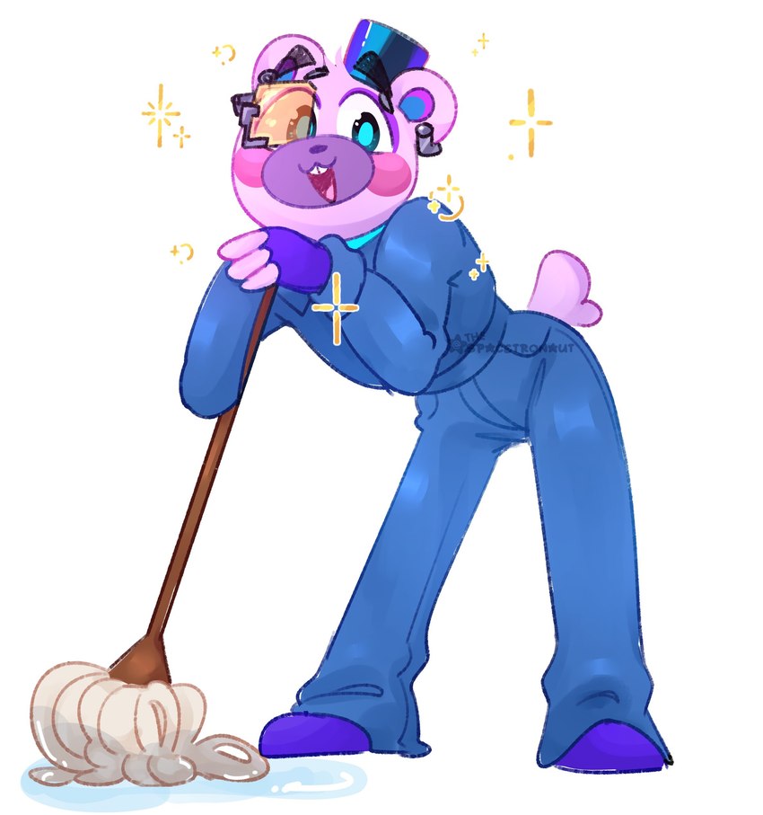 anthro blue_clothing blue_eyes cleaning_tool clothing fingerless_gloves footwear gloves handwear hat headgear headwear leaning male mop pink_body shoes simple_background solo sparkles tail top_hat white_background spacetronaut five_nights_at_freddy's five_nights_at_freddy's:_security_breach five_nights_at_freddy's:_security_breach_ruin scottgames steel_wool_studios helpi_(fnaf) bear mammal 2023 absurd_res digital_media_(artwork) hi_res shaded simple_shading watermark