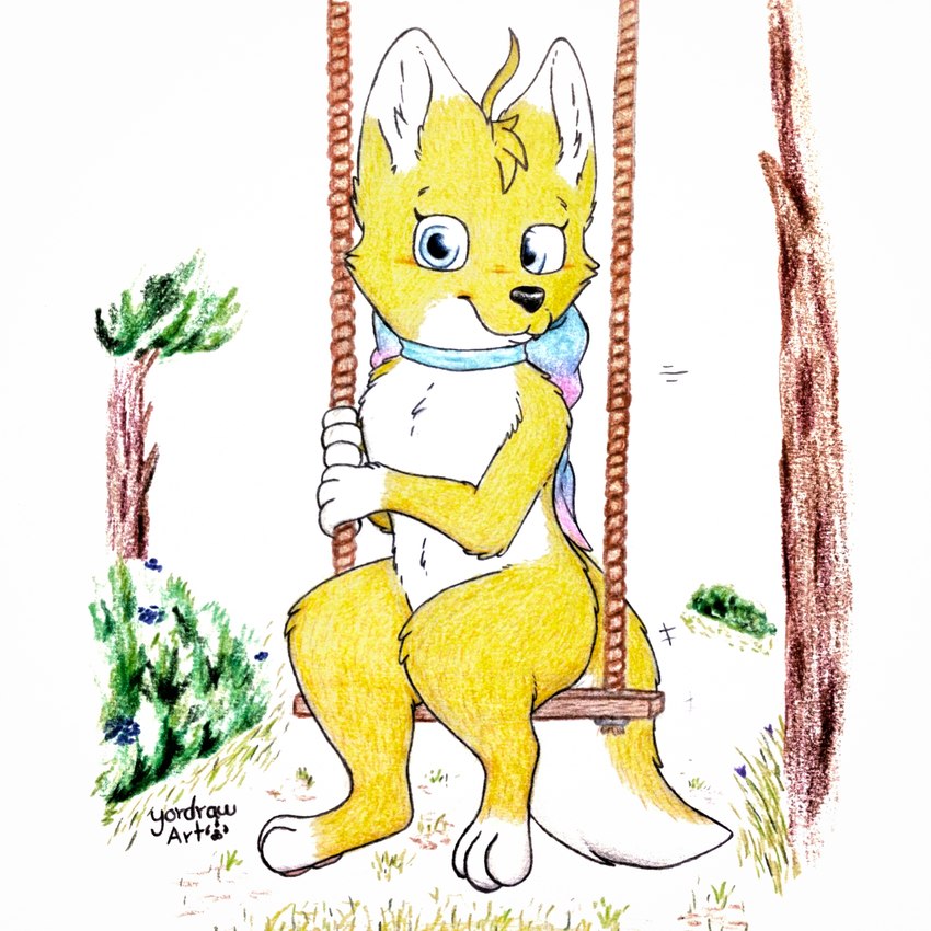 3_toes anthro bent_legs blue_eyes bow_ribbon feet female flower fur grass legs_in_air looking_at_viewer male pawpads paws plant sitting smile smiling_at_viewer solo swing swinging swingset toes tree yellow_body yellow_fur yordraw canid canine fox mammal 1:1 absurd_res hi_res traditional_media_(artwork)