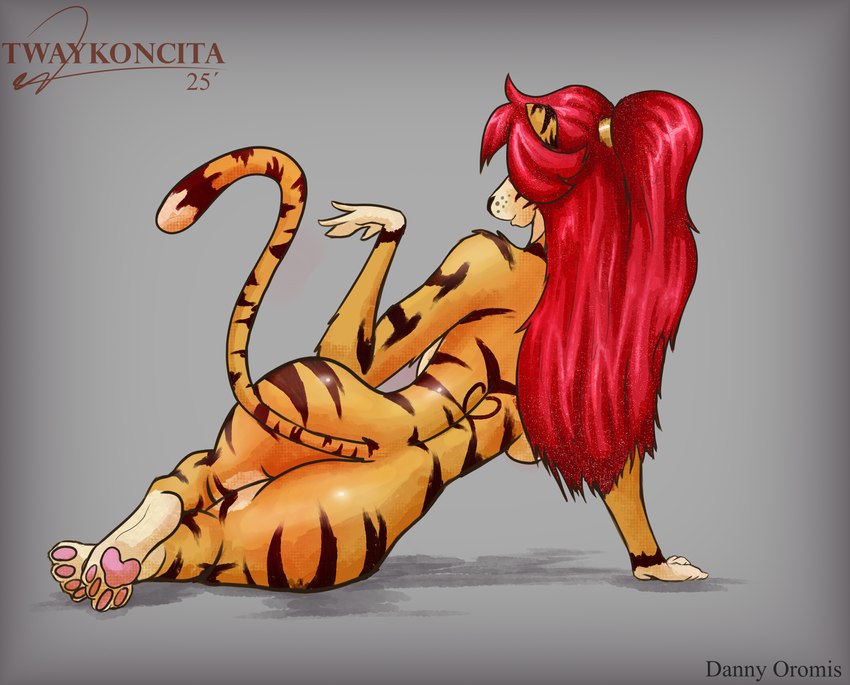 anthro ass_up big_breasts big_butt black_stripes blush breasts butt feline_tail female fur fur_markings gesture glistening glistening_body grey_background hair hand_gesture long_hair long_tail lying lying_on_ground markings name_drop nude nude_female on_ground on_side orange_body orange_fur paws pose posing_for_picture red_hair shadow simple_background solo stripes tail white_body white_fur twaykoncita fan_character felid feline mammal pantherine tiger 2025 absurd_res hi_res shaded signature simple_shading watermark