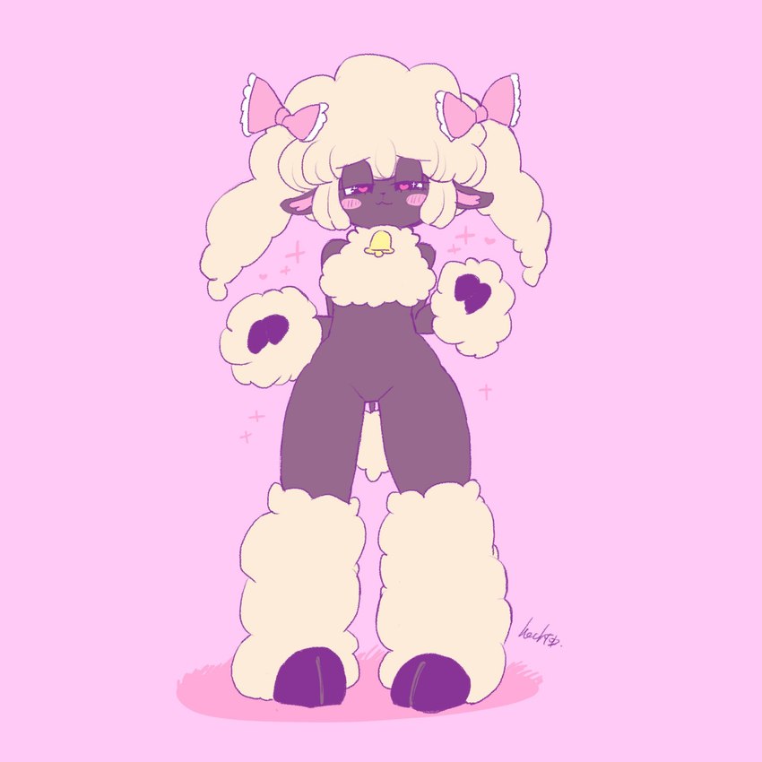 :3 anthro bell bell_collar blush blush_lines bow_ribbon collar featureless_crotch female fingers fur heart_eyes heart_symbol hooved_fingers hooves looking_at_viewer mostly_nude mostly_nude_anthro solo wool_(fur) hecktop poodle_sheep bovid caprine mammal sheep 1:1 digital_drawing_(artwork) digital_media_(artwork) hi_res