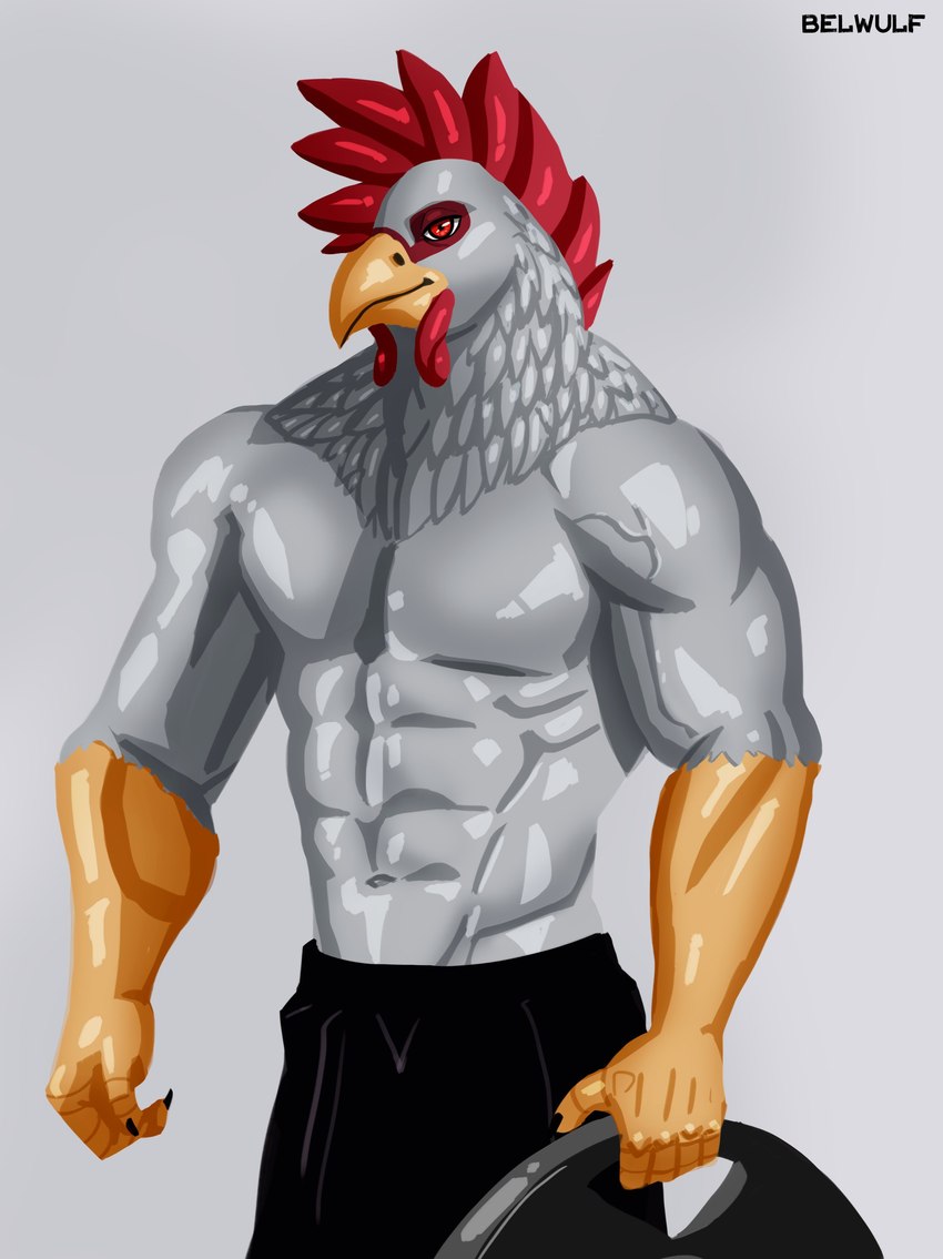 abs anthro beak biceps bottomwear clothed clothing eyebrows feathers grey_background male muscular muscular_anthro muscular_male navel pants pecs pose red_eyes simple_background smile solo topless vein veiny_arms veiny_muscles white_body white_feathers yellow_beak belwulf avian bird chicken galliform gallus_(genus) phasianid wereavian werebird werechicken werecreature 2023 absurd_res artist_name digital_media_(artwork) hi_res