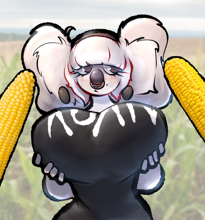 anthro big_breasts breasts clothed clothing corn ear_piercing eyelashes facial_piercing female food holding_breast markings mole_(marking) nose_piercing nose_ring outside piercing plant ring_piercing shirt topwear zoquete korn brie_(vetarix) koala mammal marsupial vombatiform absurd_res hi_res