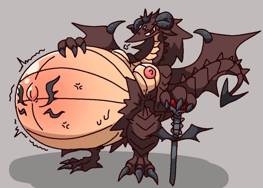 anthro areola belly big_belly biped black_body black_claws black_horn black_scales black_tail black_wings breasts brown_body brown_hair brown_scales brown_tail brown_wings claws female hair holding_melee_weapon holding_object holding_sword holding_weapon horn huge_belly inflation markings melee_weapon motion_lines multicolored_body multicolored_scales navel nipples outie_navel pink_areola pink_body pink_nipples pink_scales red_eyes scale_markings scales solo spade_tail sword tail thick_thighs two_tone_body two_tone_scales two_tone_tail two_tone_wings weapon wings hage mythology dragon mythological_creature mythological_scalie scalie 2020