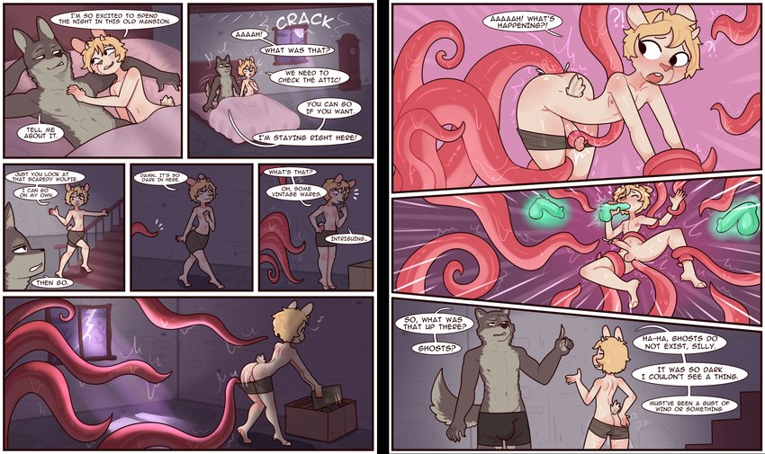 ambiguous_gender anthro attic building comic_panel dialogue duo fur genitals grey_body grey_fur house male male/male penetration penis romantic romantic_couple sex tentacle_penetration tentacle_sex tentacles text translucent translucent_penis white_body white_fur red7cat furlough_games blake_(furlough_games) percy_(furlough_games) bovid canid canine canis caprine ghost goat mammal spirit wolf comic english_text hi_res story story_at_source