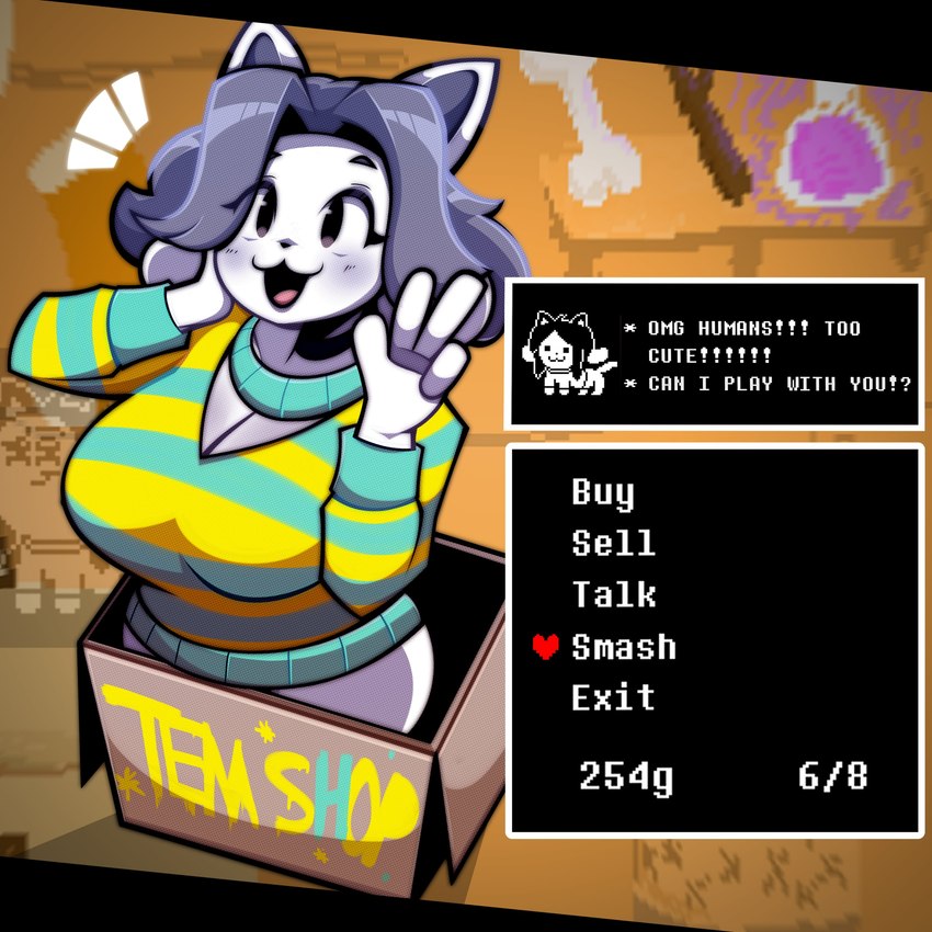 anthro bottomless box breasts brown_eyes cat_smile cleavage clothed clothing container detailed_background dialogue female fur gameplay_mechanics grey_hair hair human_fetish inside pattern_clothing pattern_sweater pattern_topwear smile solo store striped_clothing striped_sweater striped_topwear stripes sweater talking_to_viewer text topwear white_body white_fur letherisreal undertale undertale_(series) temmie_(undertale) domestic_cat felid feline felis mammal tem 1:1 absurd_res english_text hi_res