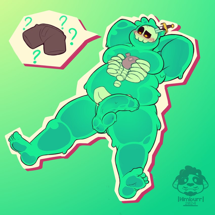 balls belly blush bone feet genitals green_balls green_body green_penis hands_behind_back knife lying male moobs muscular not_furry nude on_back penis simple_background skull skull_head slightly_chubby slime himburr monster_prom doug_(monster_con) goo_creature goo_humanoid humanoid digital_media_(artwork) hi_res