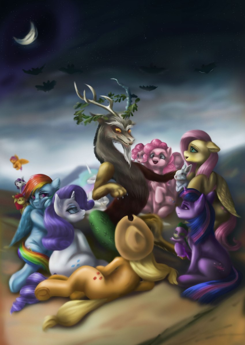 antlers carrying_another clothing cloud cowboy_hat crescent_moon detailed_background facial_hair female feral flying group hat headgear headwear horn looking_at_another lying male moon night on_side outside reclining sitting wings wreath polnocnykot friendship_is_magic hasbro my_little_pony mythology witches'_sabbath angel_(mlp) apple_bloom_(mlp) applejack_(mlp) discord_(mlp) fluttershy_(mlp) pinkie_pie_(mlp) princess_celestia_(mlp) rainbow_dash_(mlp) rarity_(mlp) scootaloo_(mlp) spike_(mlp) sweetie_belle_(mlp) twilight_sparkle_(mlp) ambient_bat chimera draconequus dragon earth_pony equid equine horse lagomorph leporid mammal mythological_creature mythological_equine mythological_scalie pegasus pony rabbit scalie unicorn winged_unicorn absurd_res hi_res inspired_by_formal_art