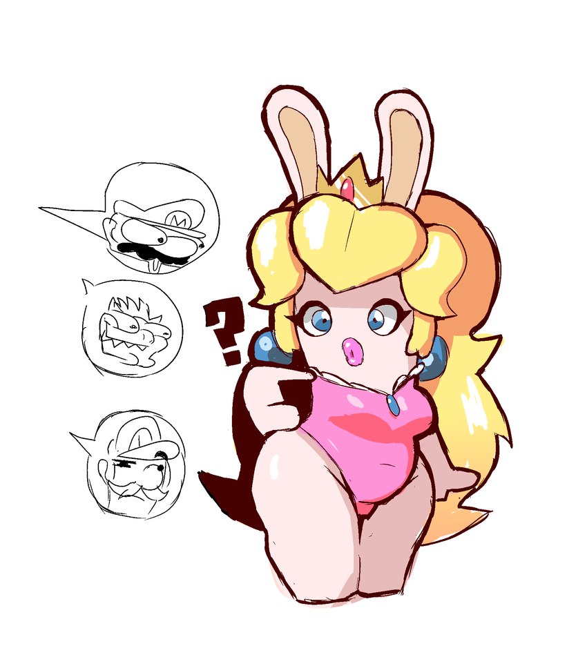 anthro being_watched blonde_hair breasts clothing crown ear_piercing female fraternal_twins hair headgear leotard lipstick long_hair looking_at_another makeup male open_mouth piercing question_mark simple_background speech_bubble white_background eks-out mario_bros mario_plus_rabbids_kingdom_battle nintendo raving_rabbids rayman_(series) ubisoft bowser luigi mario rabbid_peach lagomorph mammal rabbid 2022 crossover hi_res pictographics brother_(lore) brothers_(lore) sibling_(lore) twins_(lore)