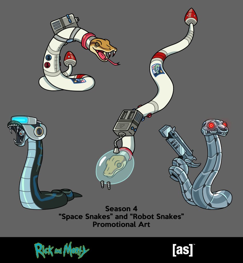 ambiguous_gender astronaut fangs grey_background group machine open_mouth science_fiction simple_background teeth text tongue tongue_out weapon joy_erskine adult_swim cartoon_network rick_and_morty reptile robot scalie snake english_text official_art