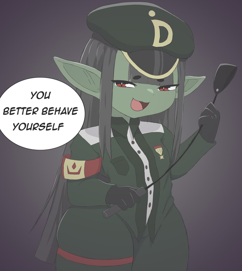 black_hair clothing dialogue dwarfism female green_body green_clothing green_hat green_headwear hair hat headgear headwear holding_object holding_whip humanoid_pointy_ears long_hair looking_at_viewer medal military_cap military_uniform open_mouth pointy_ears red_eyes short_stack simple_background solo talking_to_viewer teasing text thick_thighs tongue uniform whip digeldickerson goblin humanoid 2024 absurd_res english_text hi_res