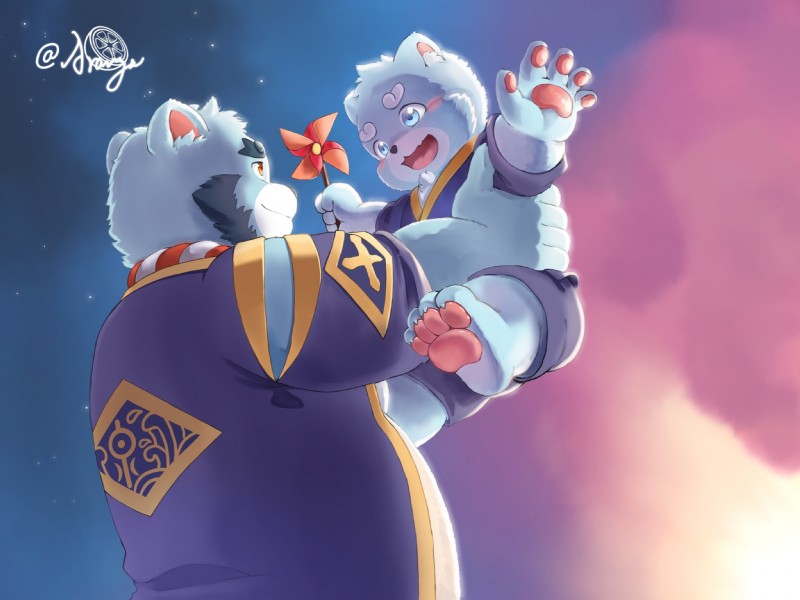 anthro beard belly blue_body blue_fur clothing duo facial_hair fur humanoid_hands kemono male overweight overweight_male robe youhei79384157 bonasiah full_attack sophring_hao sophring_jie bear mammal 2020 4:3 hi_res