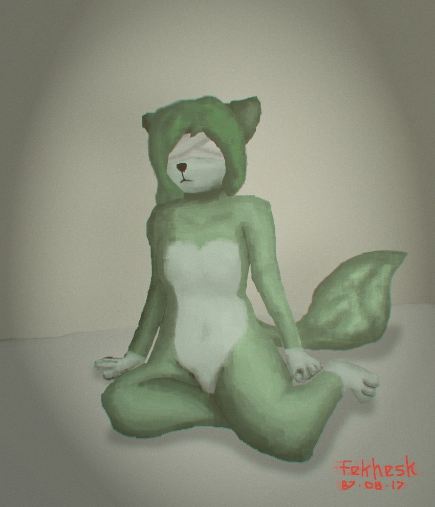 anthro blind blindfold breasts disability featureless_breasts featureless_crotch female fur green_body green_fur green_hair hair inside leaning looking_at_viewer looking_down sitting small_breasts solo fekhesk felid feline mammal 2023 absurd_res digital_media_(artwork) digital_painting_(artwork) hi_res shaded signature